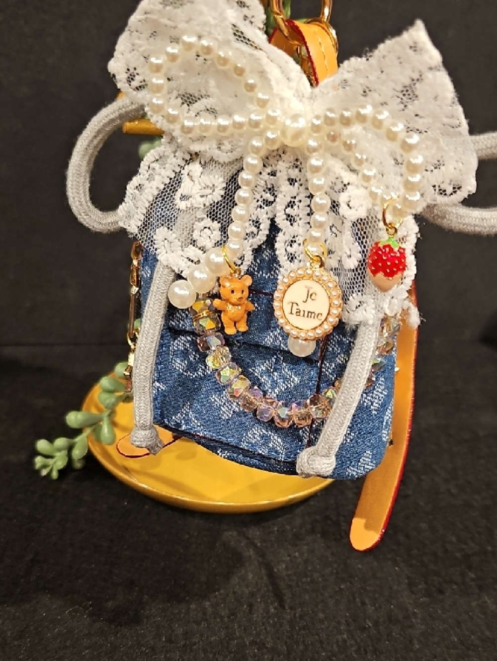 Soft Denim Mini Backpack Charm with Lace Bow & Pearls - Picture 8 of 8